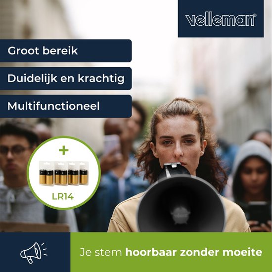 Velleman Megafoonset 50W met sirene, inclusief batterijen, 700s opname, volumeregeling, Bluetooth, USB, handmicrofoon, 1200m bereik, 120dB, draagbaar ABS design, mat zwart
