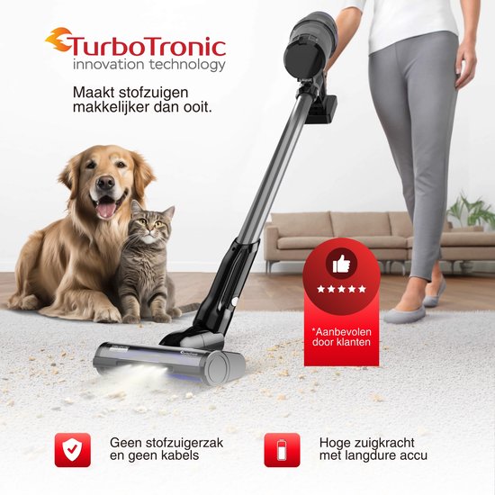 TurboTronic CF7 Draadloze Steelstofzuiger met Handstofzuiger - Hoge Zuigkracht - Kruimeldief - Zwart/Zilver
