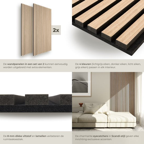 tectake® Akoestische Panelen - Set van 2 - Akoestisch Wandpaneel - 60 x 120 cm - 1,44 m² - Wandpanelen met Aanpasbare Grootte - Lattenwand van MDF en Houtfineer - Geluidsisolatie - Stijlvolle Wanddecoratie - Eenvoudige Montage - Licht Eiken