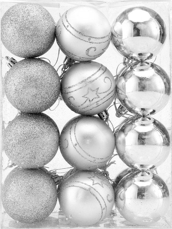 Kerstboomballen 24st - Ø6cm Mat Glanzend Glinsterend - Kunststof Zilver