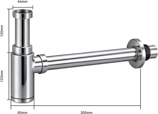 Mirlux - Verchroomde roestvrijstalen sifon - Universele wastafelsifon Ø32 mm - Verstelbaar 300 x 243 mm - Inclusief muurrozet - Design sifon voor wastafel en gootsteen