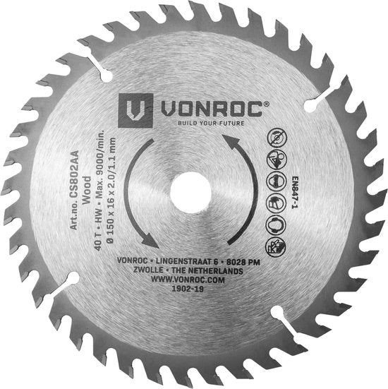 VONROC Cirkelzaagblad – Ø150MM – 40 tanden – geschikt voor hout – universeel