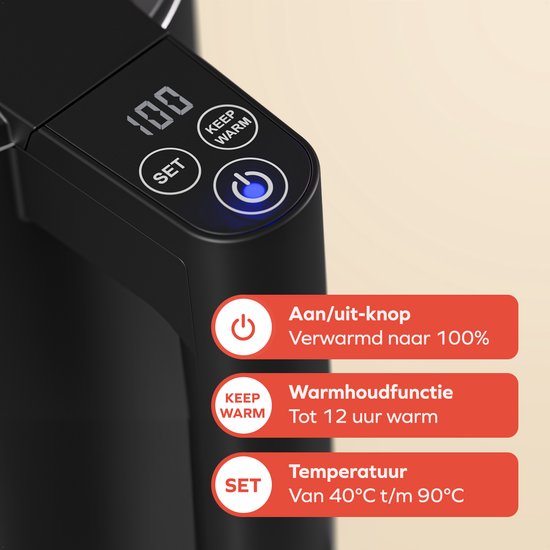 KitchenBrothers Waterkoker - 1.7L - Met Temperatuurregeling - Elektrisch - Warmhoudfunctie - Display - Dubbelwandig - Cool-touch - 2200W - Zwart