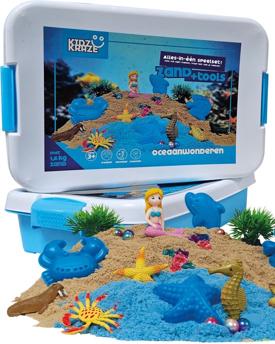 KidzKraze® Oceaanwonderen Speelzand – 1,6 kg bruin en blauw klevend speelzand voor binnen – Inclusief speel en opbergkoffer – Sensorisch speelgoed – Zandbak starter set voor kinderen - Het grote speelgoedboek 2025