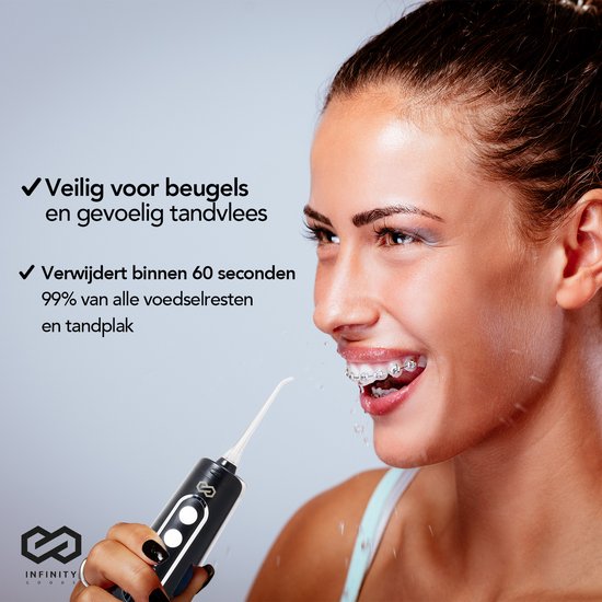 Infinity Goods Waterflosser - Monddouche - Elektrisch Flosapparaat - Draadloos En Oplaadbaar - 5 Opzetstukken - Zwart