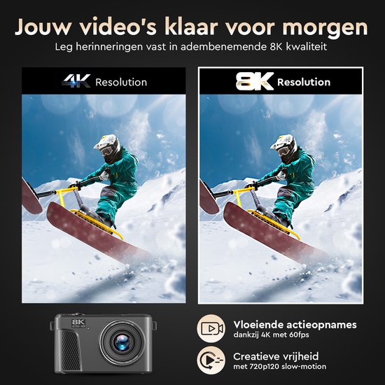 K&L - 8K 88MP - 18X Zoom - 128GB SD - WiFi - 3.0" UHD-display - mic-poort - Fotocamera - Compact Camera - Vlog Camera