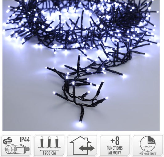 Maxi Cluster Kerstverlichting - 800 led - 12m - (ijs) wit - Timer - Lichtfuncties -Buiten-Binnen-Geheugen