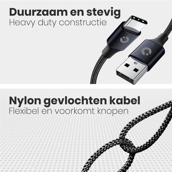 Auronic USB-C kabel - 2M - 2.4A - USB C naar USB-A - Gevlochten Nylon - Zwart