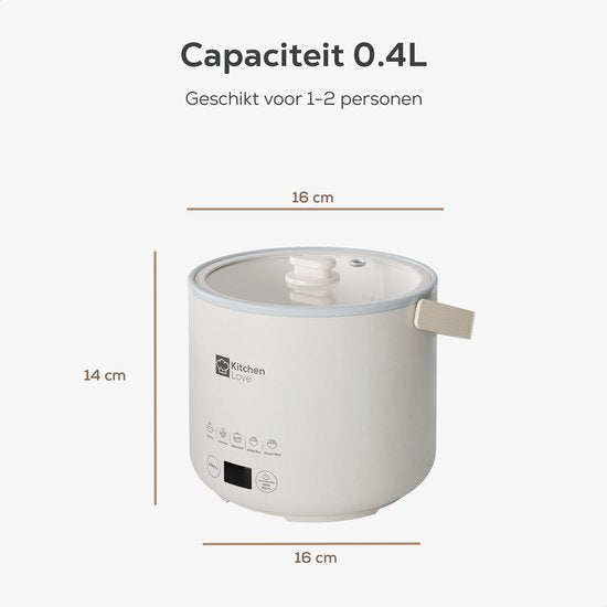 KitchenLove Rijstkoker - 0.4L - Multicooker - Rice Cooker - Slowcooker - 1 tot 2 Personen - Klein - Créme Wit