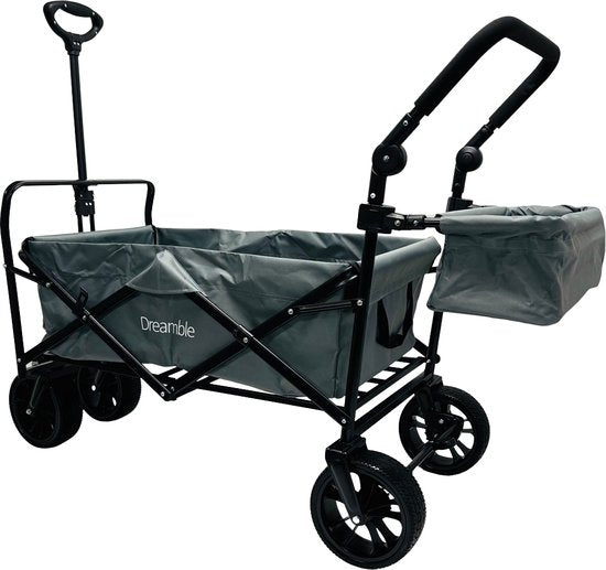 Dreamble® | Bolderkar | Grijs | Tot 140KG | 120L | Trek en duwfunctie | Dikke zachte vloermat 4cm - voor kinderen | Extra grote wielen Ø20cm | Extra opbergruimte | 130x110(LxH) | 2 pockets buiten,1 pocket binnenin met rits | Voetrem | Beschermhoes