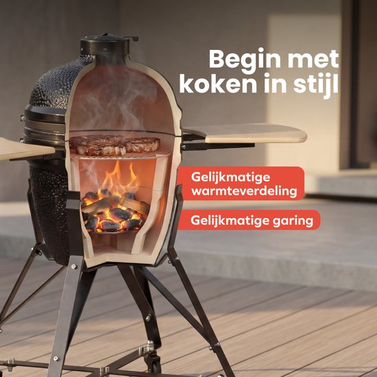 KitchenBrothers Kamado BBQ - 21 Inch Houtskool Barbecue - PFAS-Vrij - 45⌀ cm - Complete Set - Egg BBQ met Accessoires inclusief Hoes - Zwart