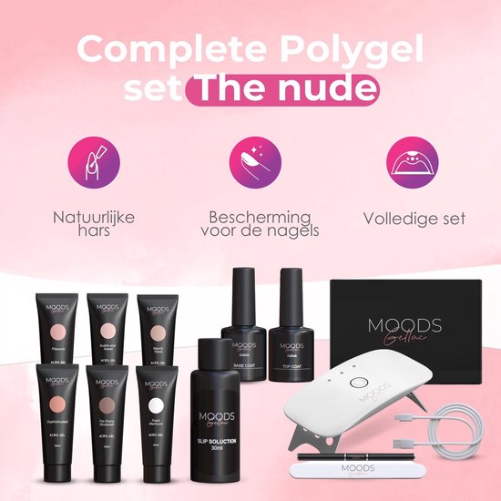 Moods Gellac - Luxe Polygel Set - Polygel Nagels Starterspakket - Inclusief UV LED lamp - 6 Kleuren - The Nude