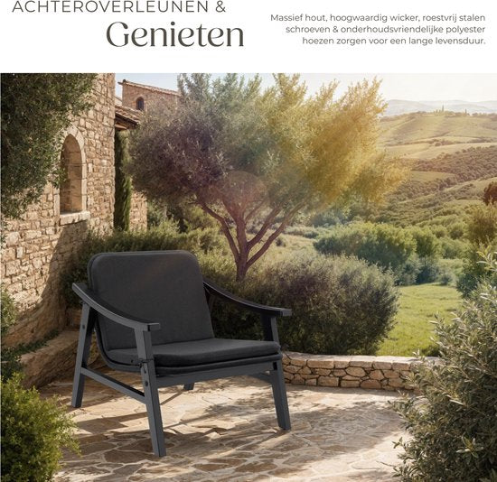 tectake® Tuinstoel - Houten Stoel voor Balkon of Tuin - Rieten zitting - Buitenfauteuil - Draagvermogen tot 150kg - Stoel voor binnen of buiten - Incl. kussen - zwart