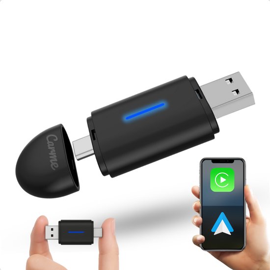 CarMe Mini 2-in-1 CarPlay Dongle - USB-A & USB-C - Draadloos CarPlay & Android Auto - Zwart