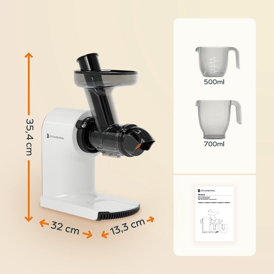 KitchenBrothers Slowjuicer - Compact - Juicer - Groenten en Fruitpers - 45 mm - 500 ml - Wit
