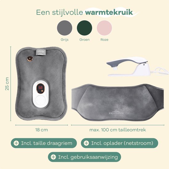 Zenwave Elektrische Kruik met Hoes - Digitaal Display - Warmtekruik & Waterkruik met Handwarmers - Oplaadbare Warmtekussen - Menstruatie Warmteband - Duurzaam & Draadloos - Kamperen & Outdoor - Warmwaterkruik Grijs