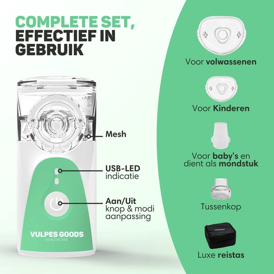 Vulpes Goods® HealthCare - Aerosoltoestel - Ultrasone Vernevelaar Inhalator – Nebulizer - Inhalatieapparaat voor Kinderen, Volwassenen & Baby’s – Helpt tegen Luchtwegaandoeningen - Incl. 3 mondstukken & luxe reistas
