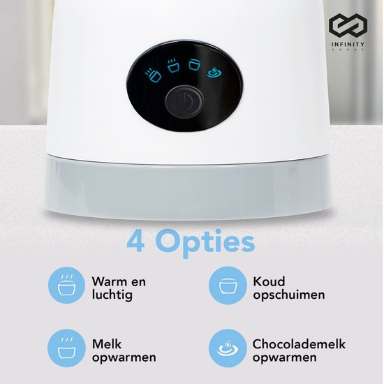 Infinity Goods 4-in-1 Elektrische Melkopschuimer - 350 ml - Opschuimen en verwarmen - Cappuccino - Vaatwasserbestendig - Wit