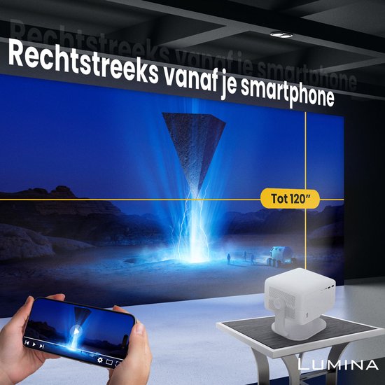 Lumina® Stellar Beamer 2025 - 4K Ultra HD - Automatisch Scherp- en Rechtstellen - Alles-in-één Smart TV Projector - Voor iOS & Android - Wit