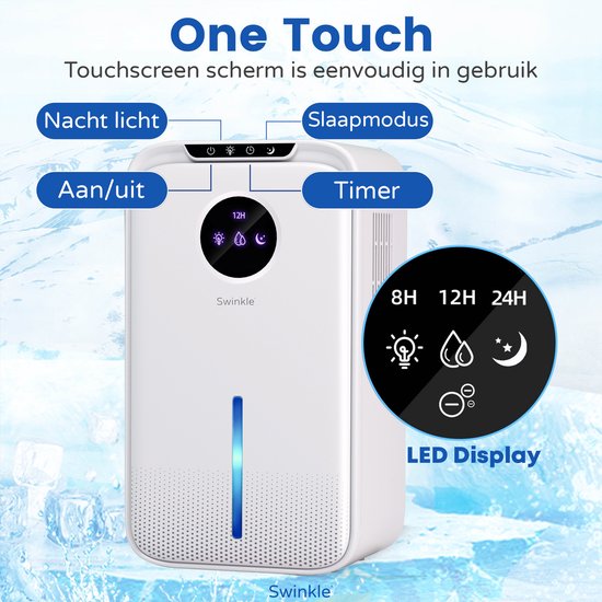 Swinkle Luchtontvochtiger 2.5L – Ontvochtigt tot 1L per dag – Dehumidifier met Ionisator & 7-Kleuren LED – Stil & Energiezuinig – Voor Slaapkamer, Badkamer & Woonkamer – Wit
