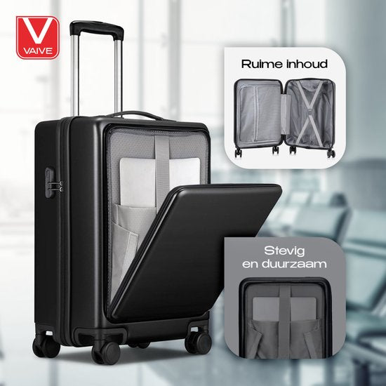 VAIVE Handbagage Koffer Met Voorvak - 43L Koffer - Lichtgewicht Trolley - Zwart