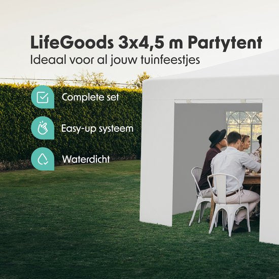 LifeGoods Partytent - Paviljoen - 3x4.5 m - Zijwanden - Easy Up - Opvouwbaar - Waterdicht - Draagtas met Wieltjes - Wit