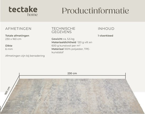 tectake® Vintage design tapijt - Dalia - Laagpolig vloerkleed voor woonkamer, kinderkamer, slaapkamer of hal - Wasbaar - Div. afmetingen - 160x230cm - beige