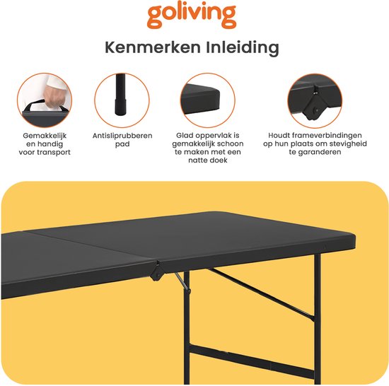 Goliving Inklapbare Tafel – Klaptafel – Campingtafel – Vouwtafel Buiten – Weerbestendig – 122 x 60 x 74 cm – Zwart