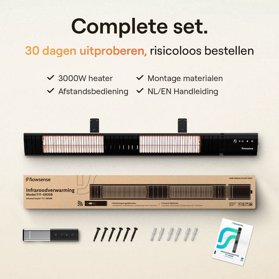 Flowsense Heater - Terrasverwarmers 3000W - Elektrisch Hangend - Infrarood Verwarming - Voor 35m2 ruimtes - Binnen & Buiten - Incl. Afstandsbediening