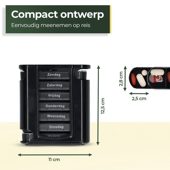 Gandria Pillendoos 7 Dagen - Uitneembaar Pillendoosje - Stapelbare Medicijndoos met 28 Compartimenten - Medicijndoos met Stevige Sluiting - 4 Vakken per Dag - Zwart