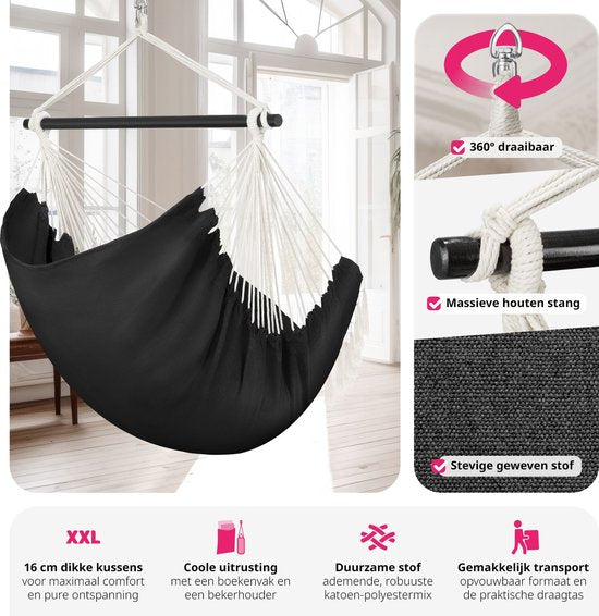 tectake® - Hangstoel Malika - extra dikke zit- en rugkussens, incl. draagtas en boekenvak - zwart