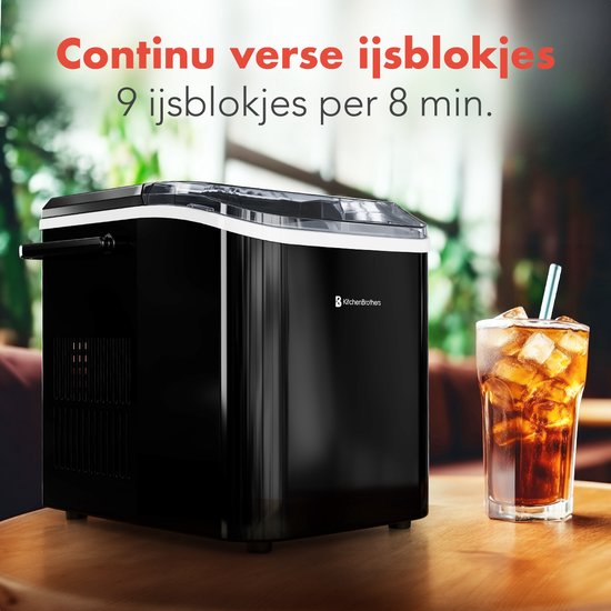 KitchenBrothers IJsblokjesmachine - 1.5L - IJsblokjesmaker – 12kg/24 uur - Draagbaar - Zelfreinigingsfunctie - Zwart