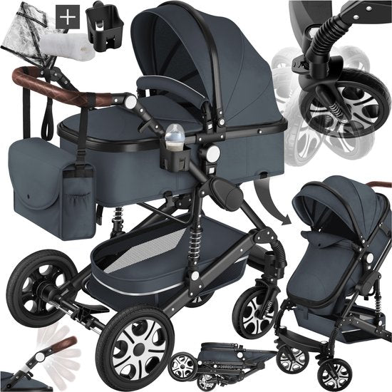 tectake® - Multifunctionele Kinderwagen Mats - 2-in-1 Babywagen inclusief voetenzak, regenhoes, flessenhouder en opbergmand - Wandelwagen met 15kg draagkracht - Opvouwbaar met 5-puntsgordel - Antraciet
