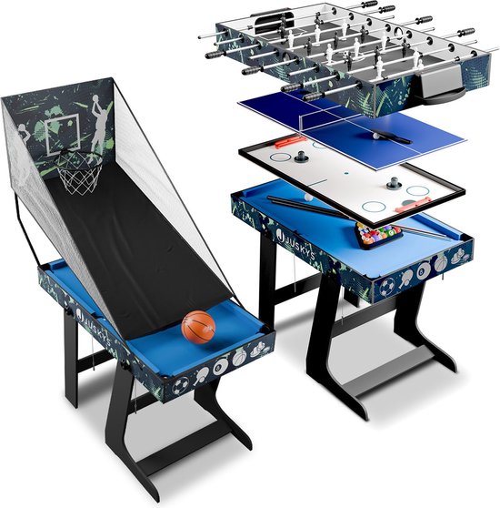Juskys Multi-Speeltafel 5 in 1 - 104 x 58 x 73 cm - Biljart / Tafelvoetbal / Hockey / Tafeltennis / Basketbal - Incl. Toebehoren