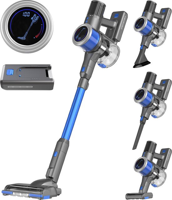 Auronic Steelstofzuiger Draadloos 350W - Draadloze Stofzuiger - HEPA Filter - Zelfstaand - Extra Accu - Op Accu - Zonder Zak - Kruimeldief - Vacuum Cleaner - Grijs/Blauw