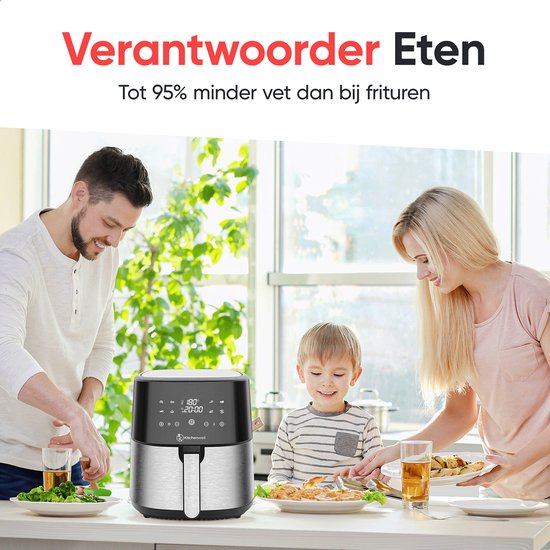 Kitchenwell AirFryer - Heteluchtfriteuse - 8L Inhoud - 80-200℃ - Timer - 1800W - Zwart