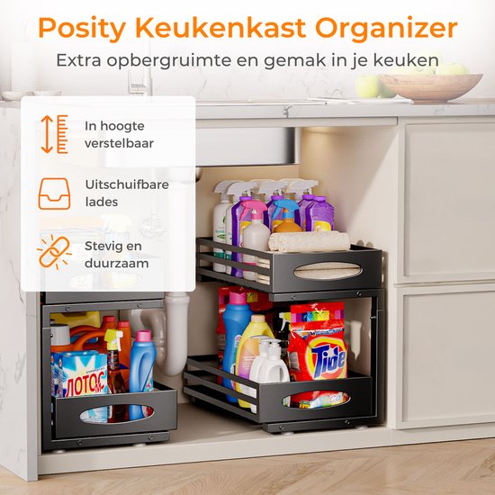 Posity Keukenkast Organizer - Gootsteenkast Organizer - Aanrecht Organizer - Opbergrek - Badkamer Organizer - Keukrenrek - Uitschuifbaar - Metaal - Zwart