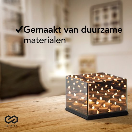 Infinity Goods Waxinelichthouder - Theelichthouder - 9 Waxinelichtjes - Reflecterend Spiegel Glas - Kaarsenhouder - Zwart