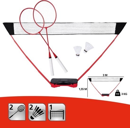 Donnay Badmintonset - 2 Personen - Badmintonrackets - Shuttles - Badminton Net - Incl. Reiskoffer - Zwart/Rood