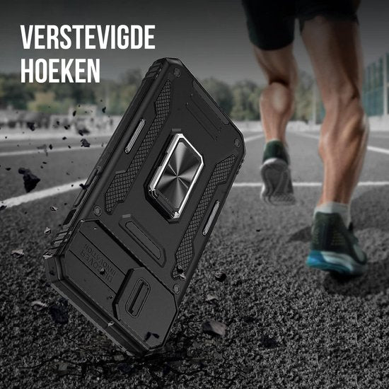 Podec Hoesje geschikt voor iPhone 14 Zwart Telefoonhoesje - Anti-Shock Case Cover Hybrid Armor Hoes met Kickstand Ring met Screenprotector