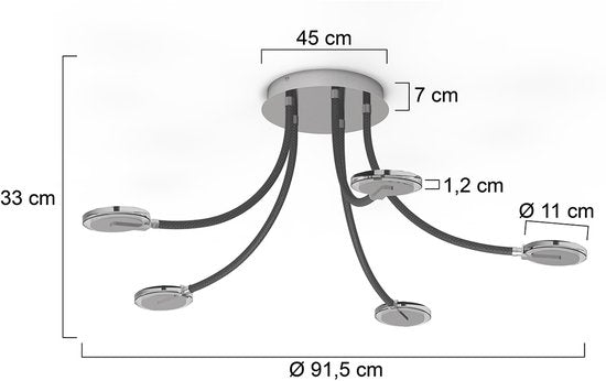 Plafondlamp Turound 3375ST – stalen designlamp met glas, LED, dimbaar, 91,5 cm, Steinhauer