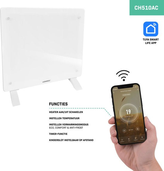 VONROC Luxe Elektrische kachel – 500W/1000W - Verwarmt Ruimtes Tot 12m2 - Met App – Instelbare Thermostaat & Timer - Wit