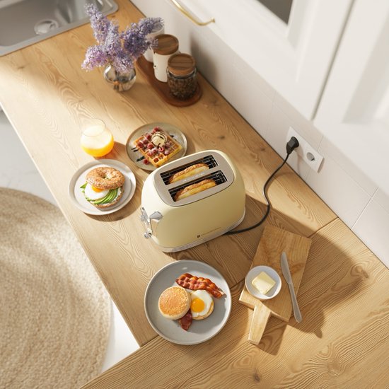 KitchenBrothers Retro Broodrooster - Toaster - 6 Warmteniveaus - 2 Extra Brede Sleuven - 815W - Beige