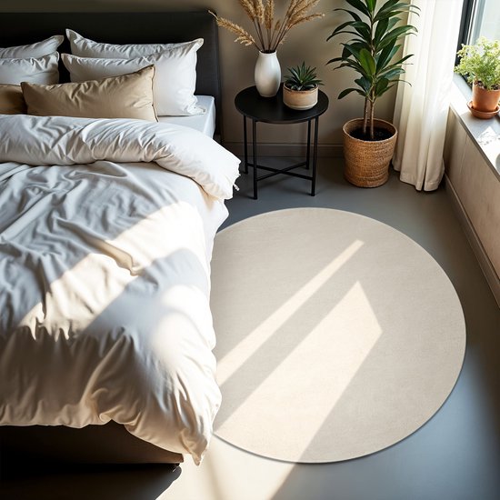 tectake® Kortpolig Vloerkleed - Rond - Ø120 cm - Creme - 1630 g/m² Poolgewicht - Tapijt voor Woonkamer, Slaapkamer, Eetkamer - Onderhoudsvriendelijk en Wasbaar - Antislip Ondertapijt - Allergievriendelijk - Diverse maten en kleuren