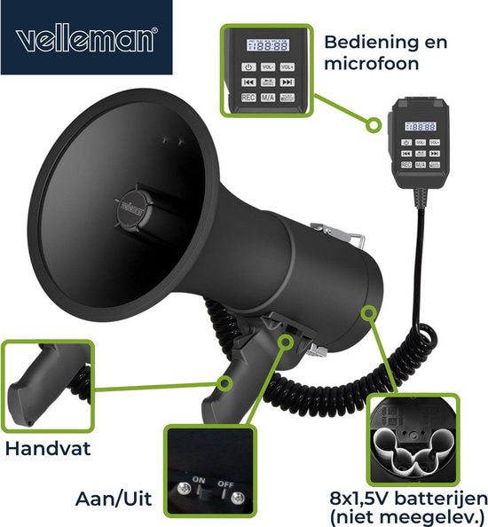 Velleman Krachtige 50 W megafoon met ingebouwde sirene, opname van 700 seconden, volumeregeling, Bluetooth, handmicrofoon en usb-aansluiting, bereik: max. 1200 m, mat zwart