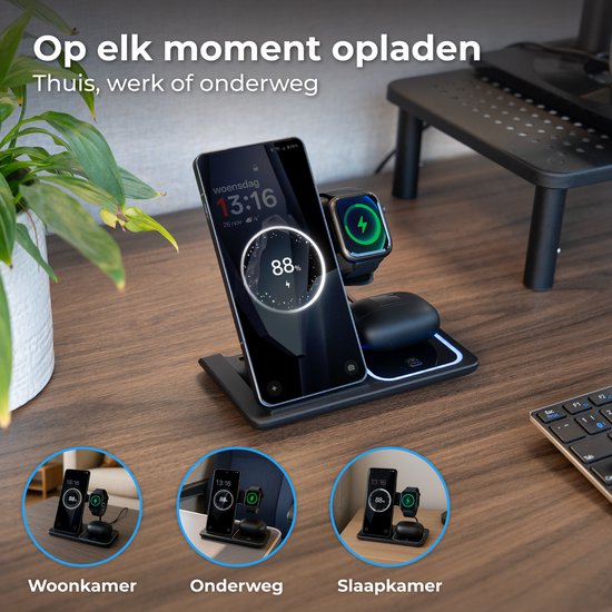 Nuvance Draadloze Oplader - 3 in 1 - 15W - Oplaadstation - Snellader - Draadloze Lader - voor Smartphone, Smartwatch & Oortjes