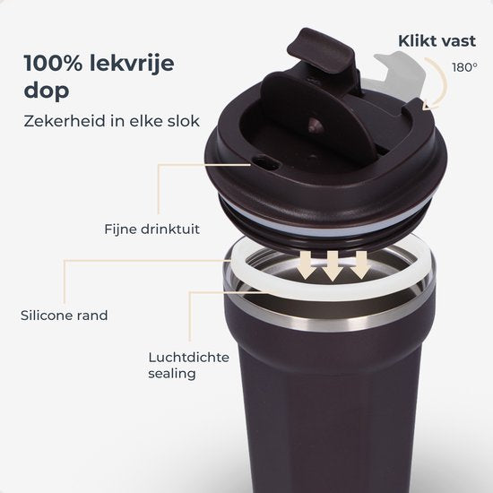Castagnola Thermosbeker - Koffiebeker To Go - Travel Mug voor Koffie en Thee - Theebeker - 380 ML - RVS - Bruin - Octagon