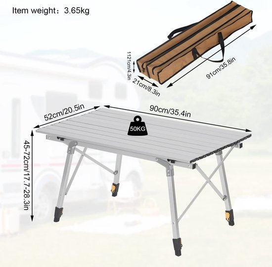Rootz Campingtafel - Draagbaar Picknickbureau - Opvouwbaar Buitenoppervlak - Compacte Reisstandaard - Al Fresco Dineren - Campingmeubilair - Zilver - 90x52.2cm