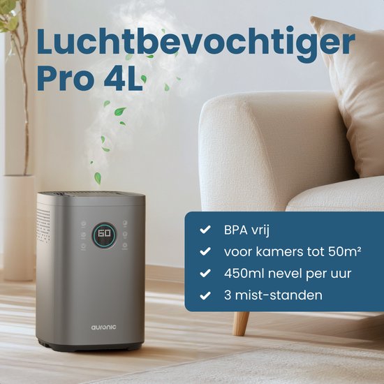 Auronic Luchtbevochtiger - 4 Liter - 40m2 - Geschikt voor Woonkamer, Kantoor, Slaapkamer, Babykamer en Meer - Met Aromatherapie - BPA-Vrij - Grijs