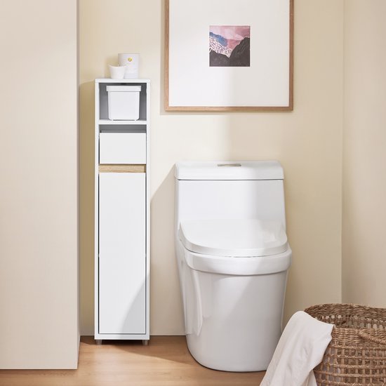 SoBuy BZR151-W Badkamermeubel voor smalle ruimtes, compacte opbergkast met verstelbare plank en lade, voor badkamer, toiletkast van hout, wit, 20 x 20 x 96 cm